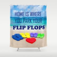 Shower Curtain with Hawaiian beach view and quote “Home is where you park your flip flops”, 71x74 inch