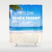 Shower Curtain with Hawaiian beach view and quote “I need some beach therapy”, 71x74 inch