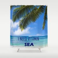 Shower Curtain with Palm Leaves over ocean and quote “I need vitamin Sea”, 71x74 inch