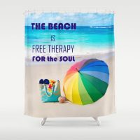 Shower Curtain with rainbow Umbrella at the beach and quote “The beach is a free therapy for the soul”, 71x74 inch