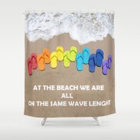 Shower Curtain with flip flops and quote "At the beach we are all on the same wave lenght", 71x74 inch