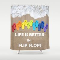 Shower Curtain with rainbow flip flops on the beach and quote "Life is better in flip flops", 71x74 inch