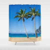 Shower curtain with two palms on the sandy Hawaiian beach, 71x74 inch