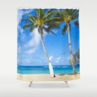 Surf board under palms on the Hawaiian beach shower curtain, 71x74 inch