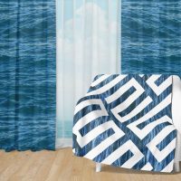 Deep Blue Ocean Set 19 - Fleece Blanket and Window Curtains set
