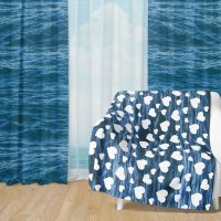 Deep Blue Ocean Set 15 - Fleece Blanket and Window Curtains set