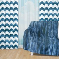 Deep Blue Ocean Set 33 - Fleece Blanket and Window Curtains set