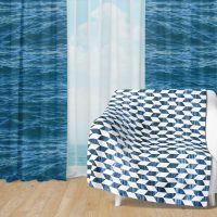 Deep Blue Ocean Set 11 - Fleece Blanket and Window Curtains set