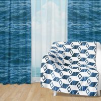 Deep Blue Ocean Set 28 - Fleece Blanket and Window Curtains set