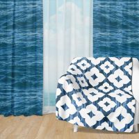 Deep Blue Ocean Set 26 - Fleece Blanket and Window Curtains set