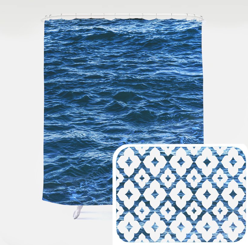 Blue ocean bath set 10, Microfiber sea foam bath mat, ocean shower curtain, deep blue ocean