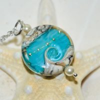 Light turquoise ocean lampwork necklaces with Swarovski pearls