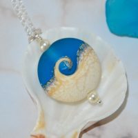 Beach necklace, Blue ocean wave lampwork necklaces with Swarovski pearls