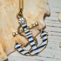 Anchor necklace golden tone, Blue and white necklace